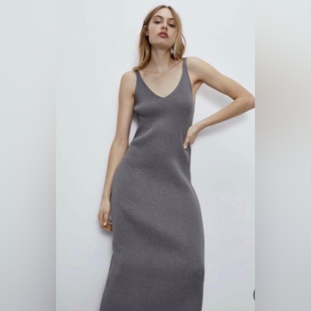 Zara Ribbed Knit MIDI Dress Grey Size M